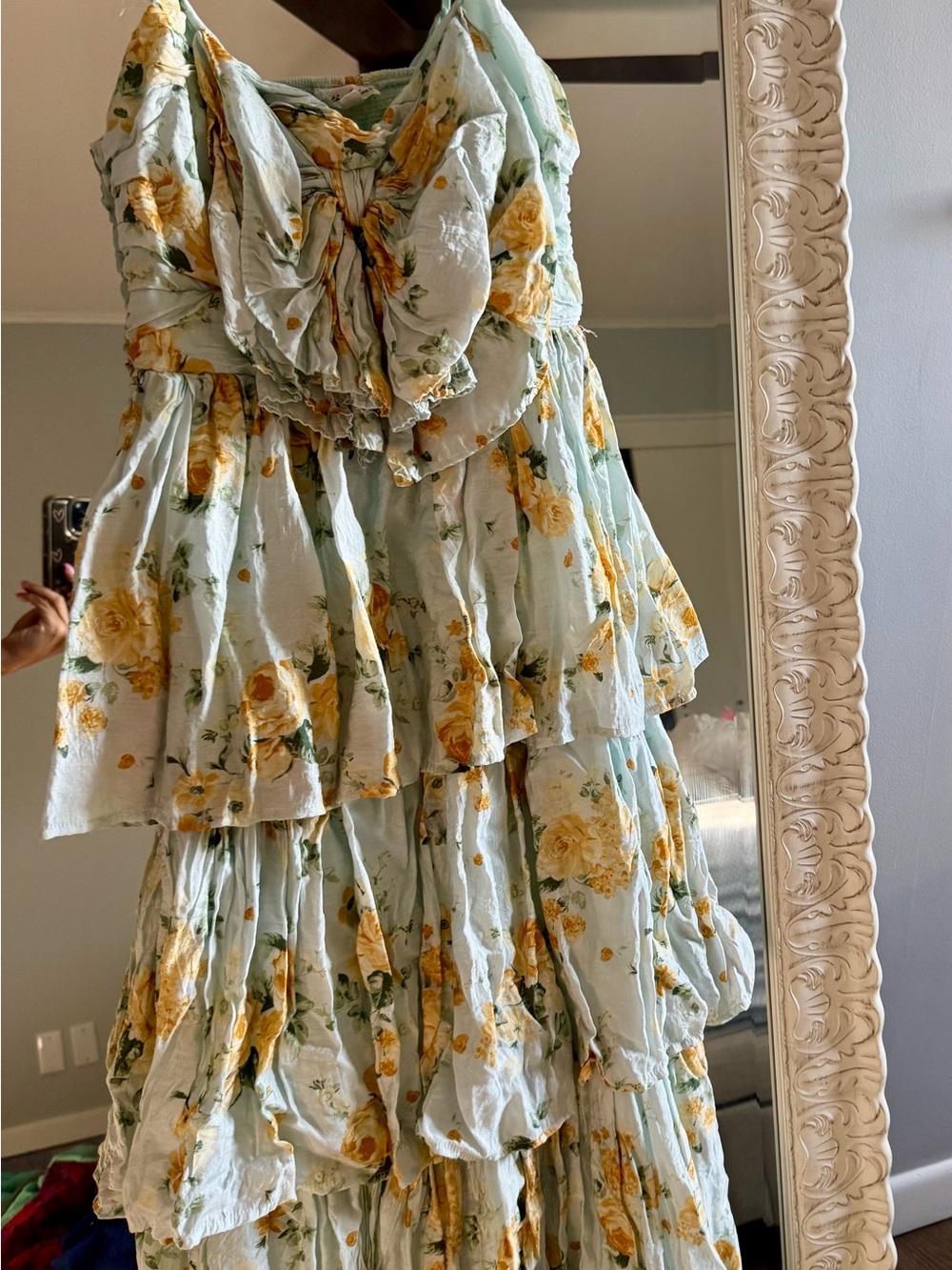 Tiered Floral Midi Dress in Light Blue and Yellow